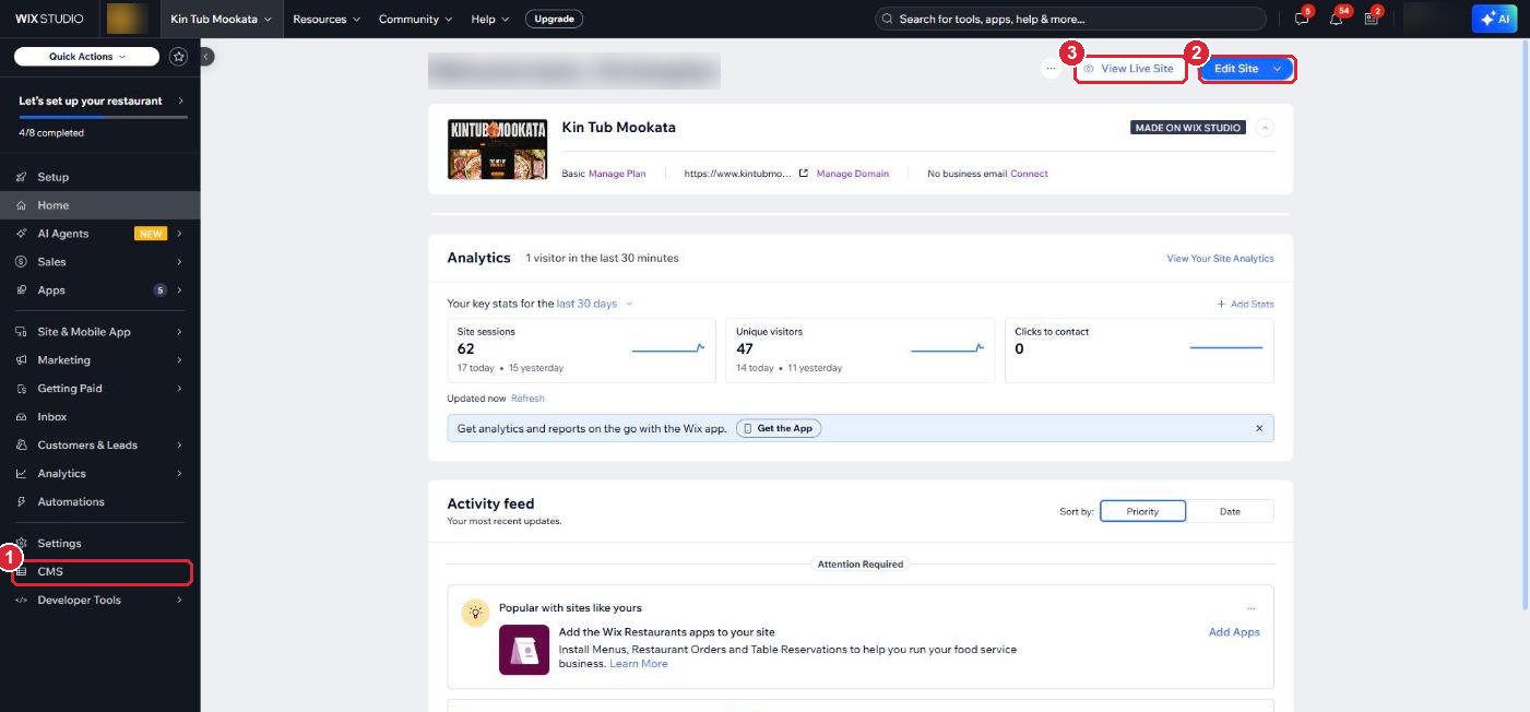 The Kin Tub Wix dashboard home page, with CMS, Edit Site and View Live Site marked