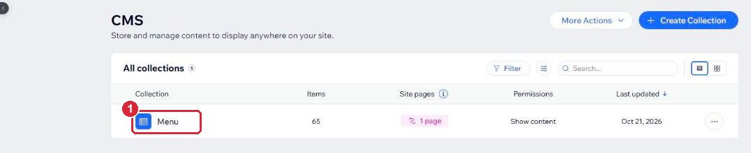 The CMS page with the Menu list marked