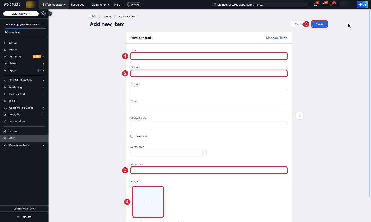 The Add new item form with Title, Category, Image File, Image and Save marked