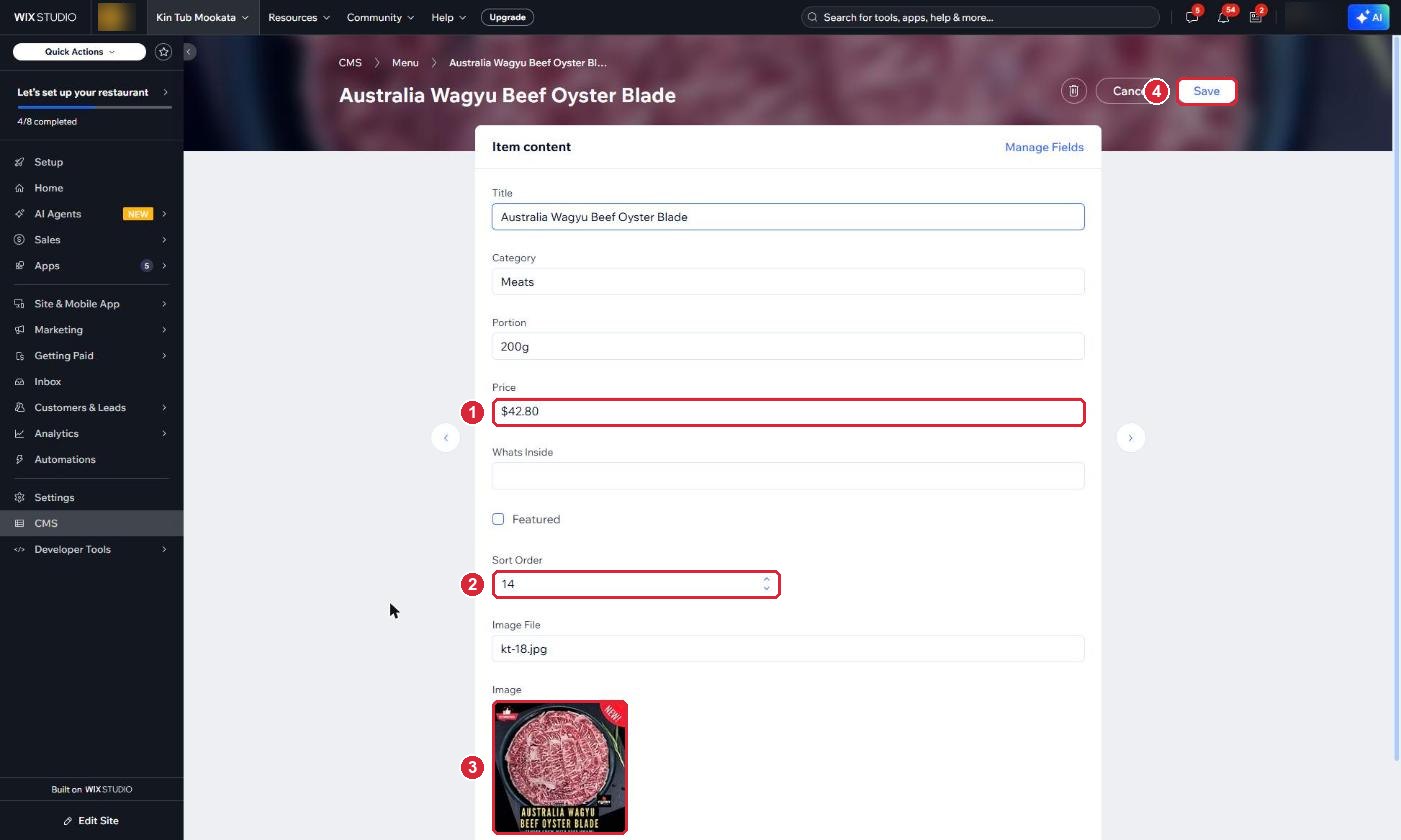 A dish open for editing, with Price, Sort Order, Image and Save marked