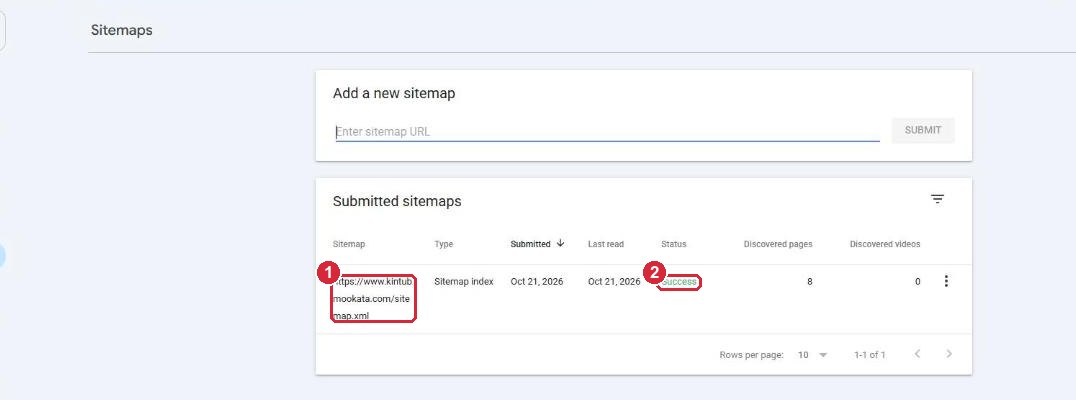 The Sitemaps page showing Success