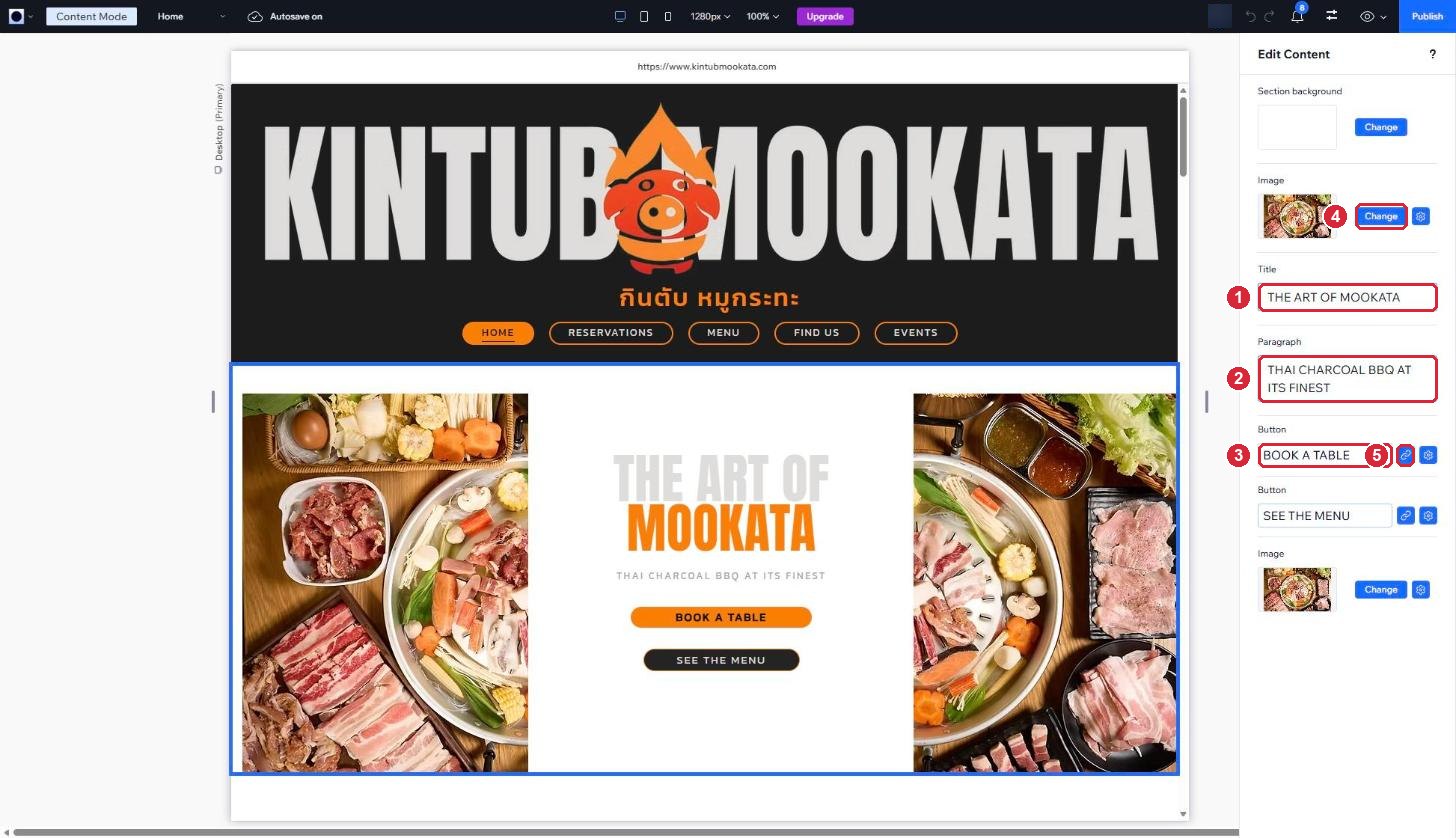 Content Mode with the home page top section selected and its Title, Paragraph and Button fields marked