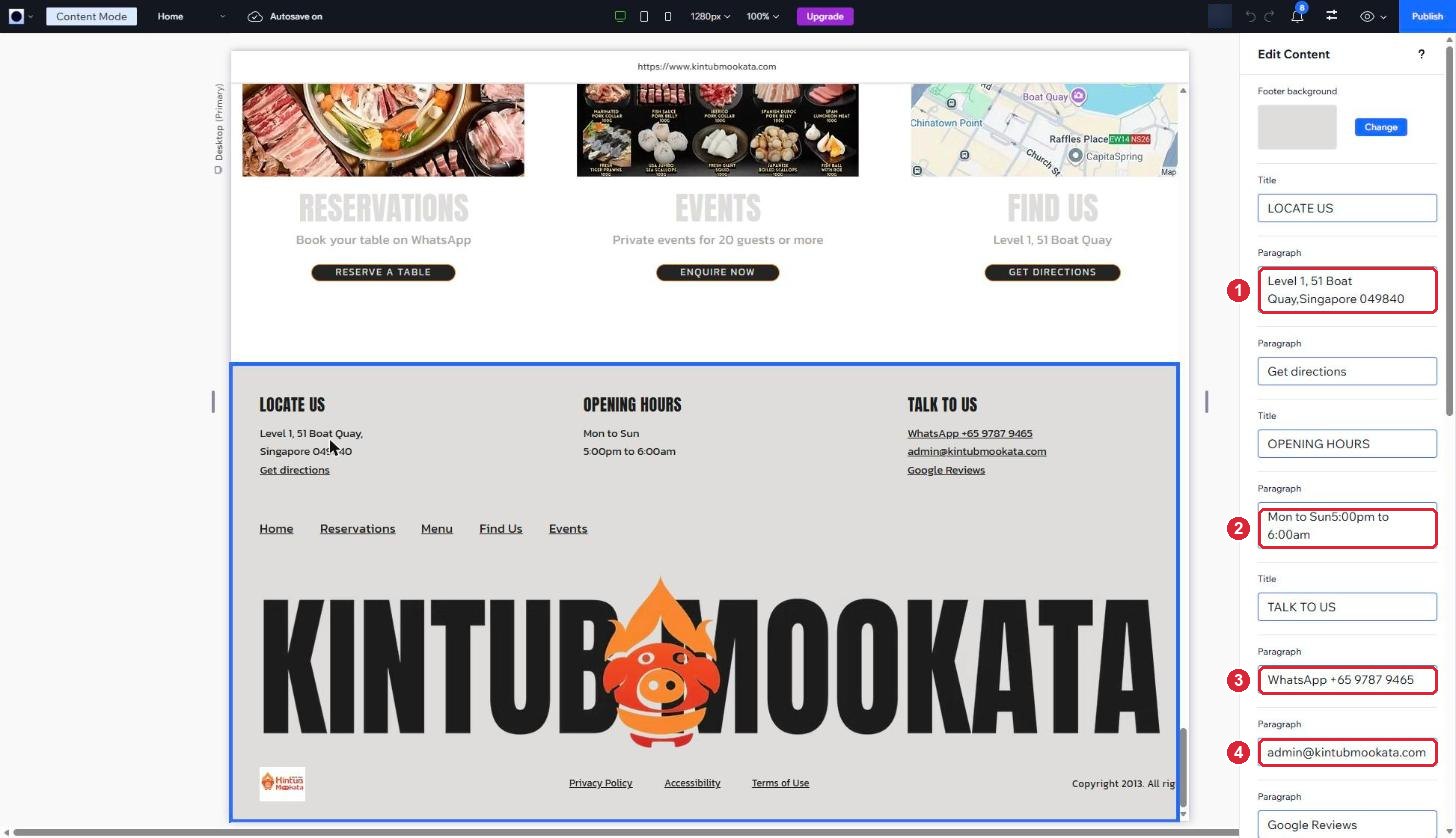 Content Mode with the footer selected and its address, hours, WhatsApp and email boxes marked